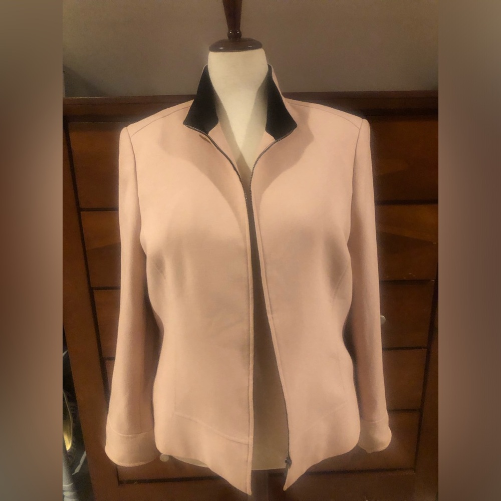 Tahari Light Pink Zip-Front Blazer with Black Trim
